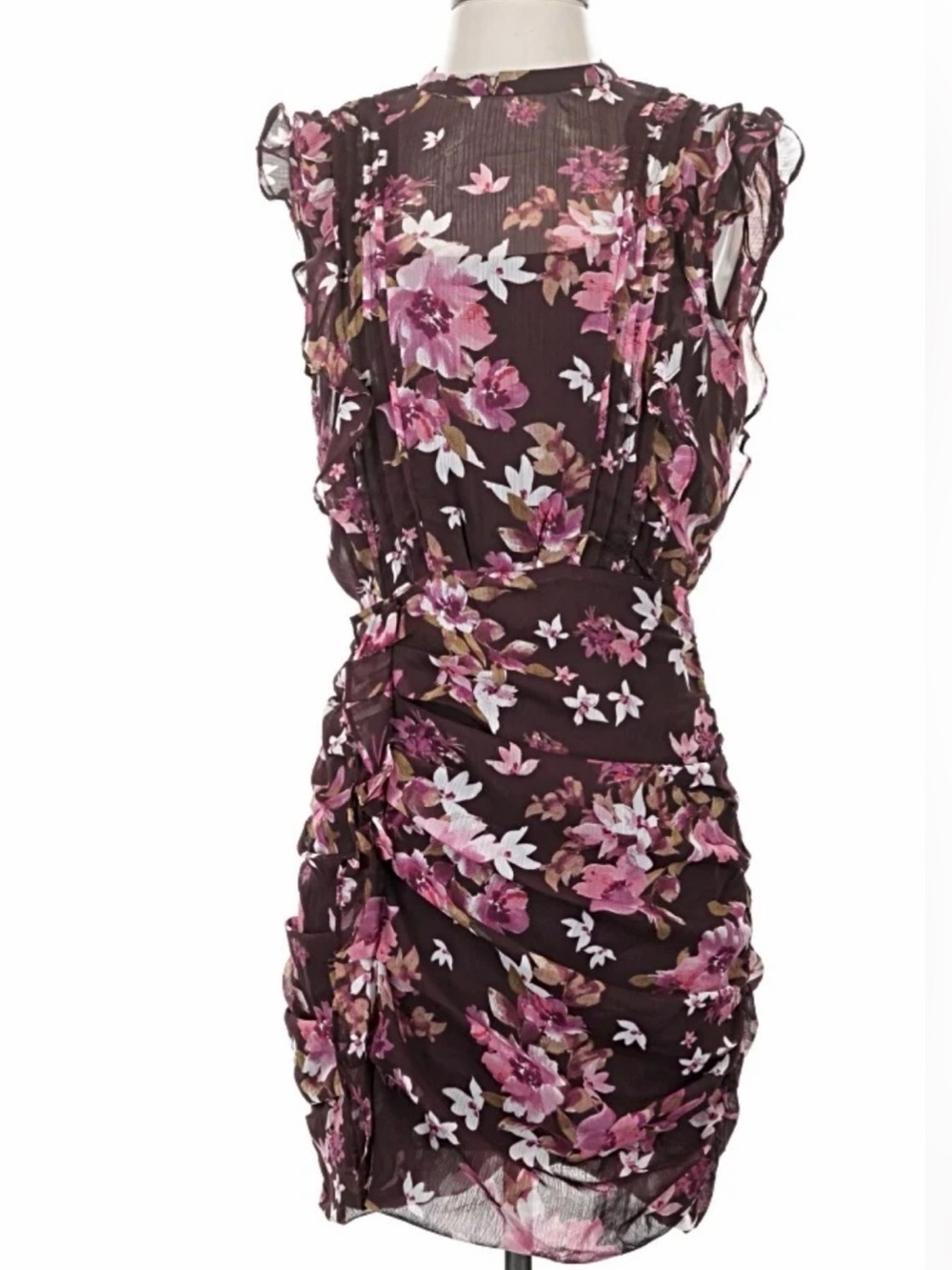 Express Sleeveless Floral Ruffle Dress in Burgundy and Pink